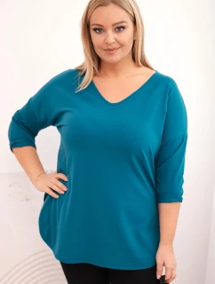 Dámská bavlněná košile Plus Size s výstřihem do V a ohrnutými rukávy mořská