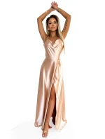 547-1 Dlouhé saténové šaty PERLA s exkluzivním výstřihem na zádech - ZLATÉ