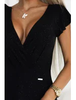 411-12 CRYSTAL lesklé dlouhé šaty s výstřihem - BLACK