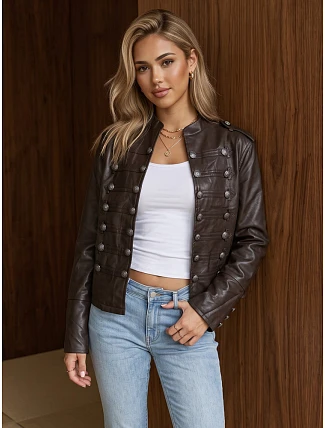 Dámská kožená bunda Napoleonka, hnědá, FashionStreet TY6042 Dámská kožená bunda Napoleonka, hnědá, FashionStreet TY6042