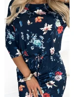 13-160 Sportovní šaty s kravatou - KVĚTINY na tmavě modrém pozadí