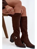 Kožené semišové kozačky na podpatku s přezkou Vyhřívané Zazoo 70156 Čokoládové