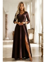 309-14 AMBER elegantní dlouhé krajkové šaty s výstřihem - čokoládové