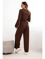Dámský viskózový komplet s blůzou a širokými kalhotami hnědý Dámský viskózový komplet s blůzou a širokými kalhotami hnědý