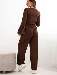 Dámský viskózový komplet s blůzou a širokými kalhotami hnědý