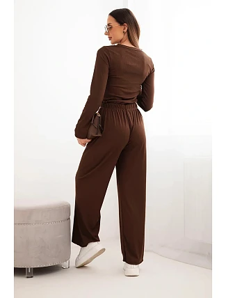 Dámský viskózový komplet s blůzou a širokými kalhotami hnědý Dámský viskózový komplet s blůzou a širokými kalhotami hnědý