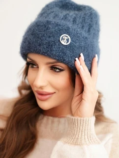 Dámská čepice pruhovaná z viskózy nadýchaná s ozdobným kovovým knoflíkem džínová barevná