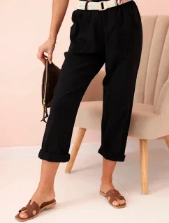 Dámské lněné kalhoty s bavlnou a páskem černé