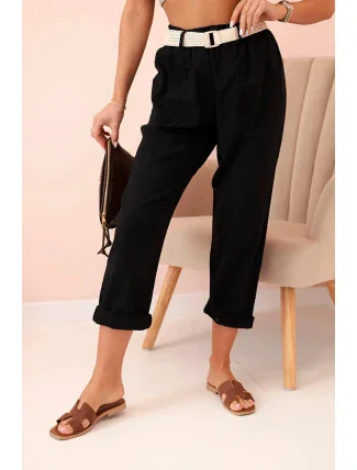 Dámské lněné kalhoty s bavlnou a páskem černé