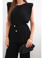 Dámský plisovaný komplet z viskózy s vázanou halenkou a širokými kalhotami černý