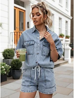 Dámská souprava s džínovou košilí a šortkami, světle modrá, FashionStreet AY1206