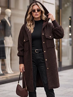 Dámský dlouhý kabát z ovčí kůže s kapucí, čokoládově hnědý, FashionStreet NY0797