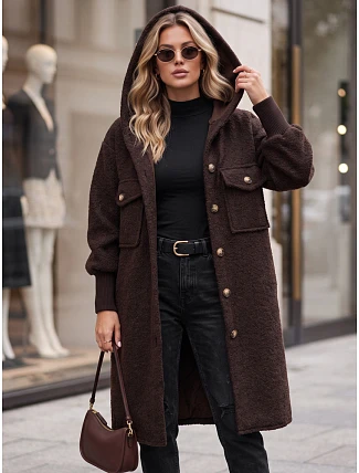 Dámský dlouhý kabát z ovčí kůže s kapucí, čokoládově hnědý, FashionStreet NY0797 Dámský dlouhý kabát z ovčí kůže s kapucí, čokoládově hnědý, FashionStreet NY0797