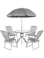 SADA ZAHRADNÍHO NÁBYTKU KULATÝ STŮL 4 ŽIDLE A SLUNEČNÍK TMAVĚ ŠEDÁ