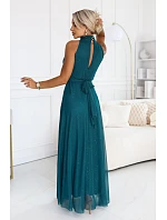 636-4 VERONICA – luxusní dlouhé šaty s brokátovým detailem a elegantním střihem – zelené
