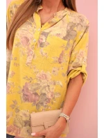 Dámská bavlněná košile s květinovým vzorem a ohrnutými rukávy kiwi