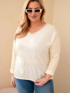 Dámská blůza Plus Size s potiskem a perlami žlutý