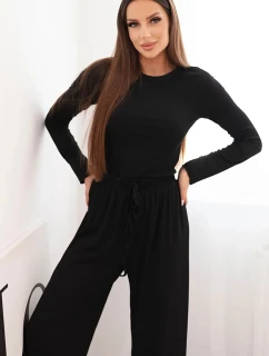 Dámský viskózový komplet s blůzkou a širokými kalhotami černý