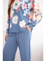 Dámský máslový viskózový komplet s květinovým vzorem a širokými nohavicemi jeansový