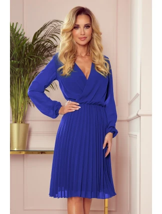 ISABELLE - Dámské plisované šaty v chrpové barvě s dekoltem a dlouhými rukávy 313-3