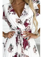 434-8 LISA Plisované midi šaty s výstřihem a volánky - ecru + vínové květy