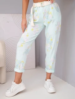 Dámské viskózové květované kalhoty s páskem mátové