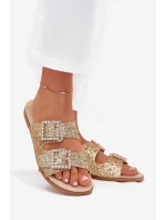 Lesklé zdobené pantofle s přezkami na plochém podpatku zlaté Tovira