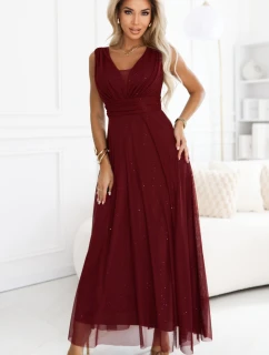 637-1 Večerní dlouhé šaty s brokátovým akcentem a hlubokým výstřihem - bordó