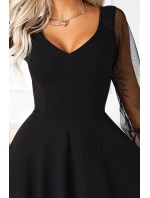 640-2 LORETTA jedinečné dlouhé šaty s tylovými rukávy a výstřihem - černé