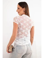 Dámská viskózová krajková halenka s krátkým rukávem a polorolákem bílá Dámská viskózová krajková halenka s krátkým rukávem a polorolákem bílá