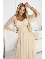 Dlouhé lehké třpytivé šaty 655-4  béžové - Numoco
