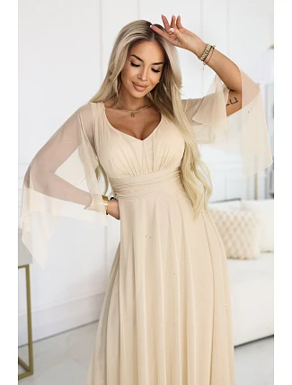 Dlouhé lehké třpytivé šaty 655-4  béžové - Numoco