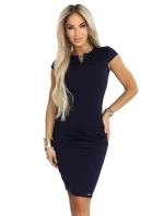 608-2 Smyslné tužkové šaty s krátkými rukávy a ozdobným výstřihem - tmavě modré 608-2 Smyslné tužkové šaty s krátkými rukávy a ozdobným výstřihem - tmavě modré