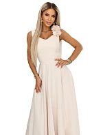 643-3 Elegantní večerní maxi šaty s rozparkem a růžemi - béžové