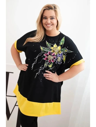 Dámská tunika Plus Size s květinovým vzorem a ozdobnými perličkami žlutá