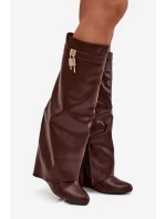 Dámské kozačky na platformě s páskem a stříbrným detailem 033 Hnědé - Korivelle