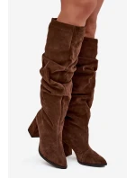 Vlnité kozačky z pravé semišové kůže na podpatku vyhřívané Zazoo 4228 hnědé