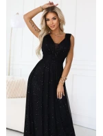 637-2 Večerní dlouhé šaty s brokátovým akcentem a hlubokým výstřihem - černé