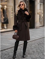 Dámský kabát s odnímatelným kožešinovým límcem, hnědý, FashionStreet TY6076 Dámský kabát s odnímatelným kožešinovým límcem, hnědý, FashionStreet TY6076