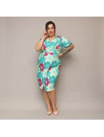 Zeleno-fuchsijové přeložené obálkové dámské květované šaty v délce ke kolenům (742) Zeleno-fuchsijové přeložené obálkové dámské květované šaty v délce ke kolenům (742)