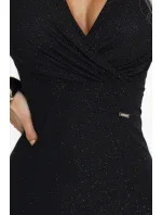 598-1 IRINA oslnivé dlouhé šaty s brokátem, obálkovým výstřihem a rozparkem na nohou - černé