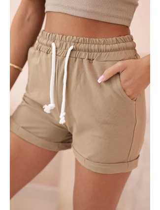 Dámské bavlněné kraťasy s gumou a zavazováním v pase camel