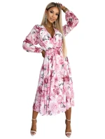 472-1 Šifonové midi šaty s dlouhými rukávy a výstřihem - světle růžové KVĚTY na bílém pozadí