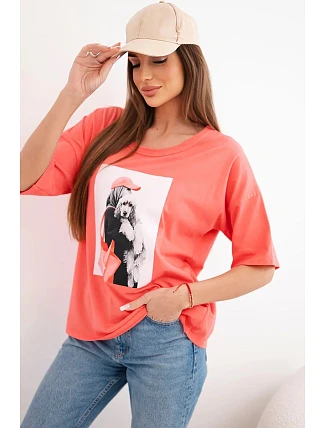 Dámská bavlněná oversize halenka s krátkým rukávem a módním potiskem meruňková