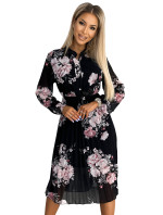 CARLA - Dámské plisované midi šaty s knoflíčky, dlouhým rukávy a se vzorem růží na černém pozadí 449-3