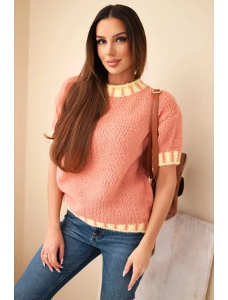 Dámský svetr s krátkým rukávem a kontrastním lemem rudy