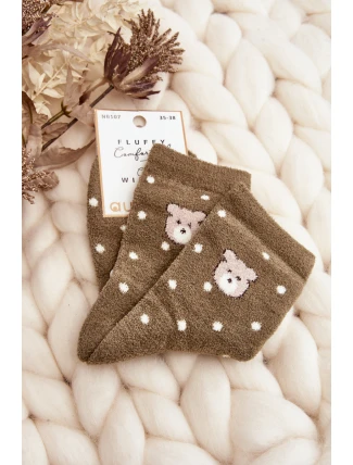 Dámské teplé ponožky v puntíkované s medvědem zelené