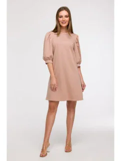 B291 Šaty áčkového střihu s pouzdrovými rukávy - mocca