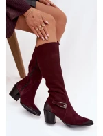 Kožené semišové kozačky na podpatku s přezkou Vyhřívané Zazoo 70156 Bordó