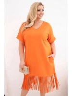 Dámské bavlněné šaty s výstřihem do V a třásněmi Plus Size oranžové